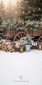 Weihnachts-Kombidrop Winter Wagon mit Holzwagen, Tannenzweigen und Laternen in Naturbraun und Creme von Drop-Dreams